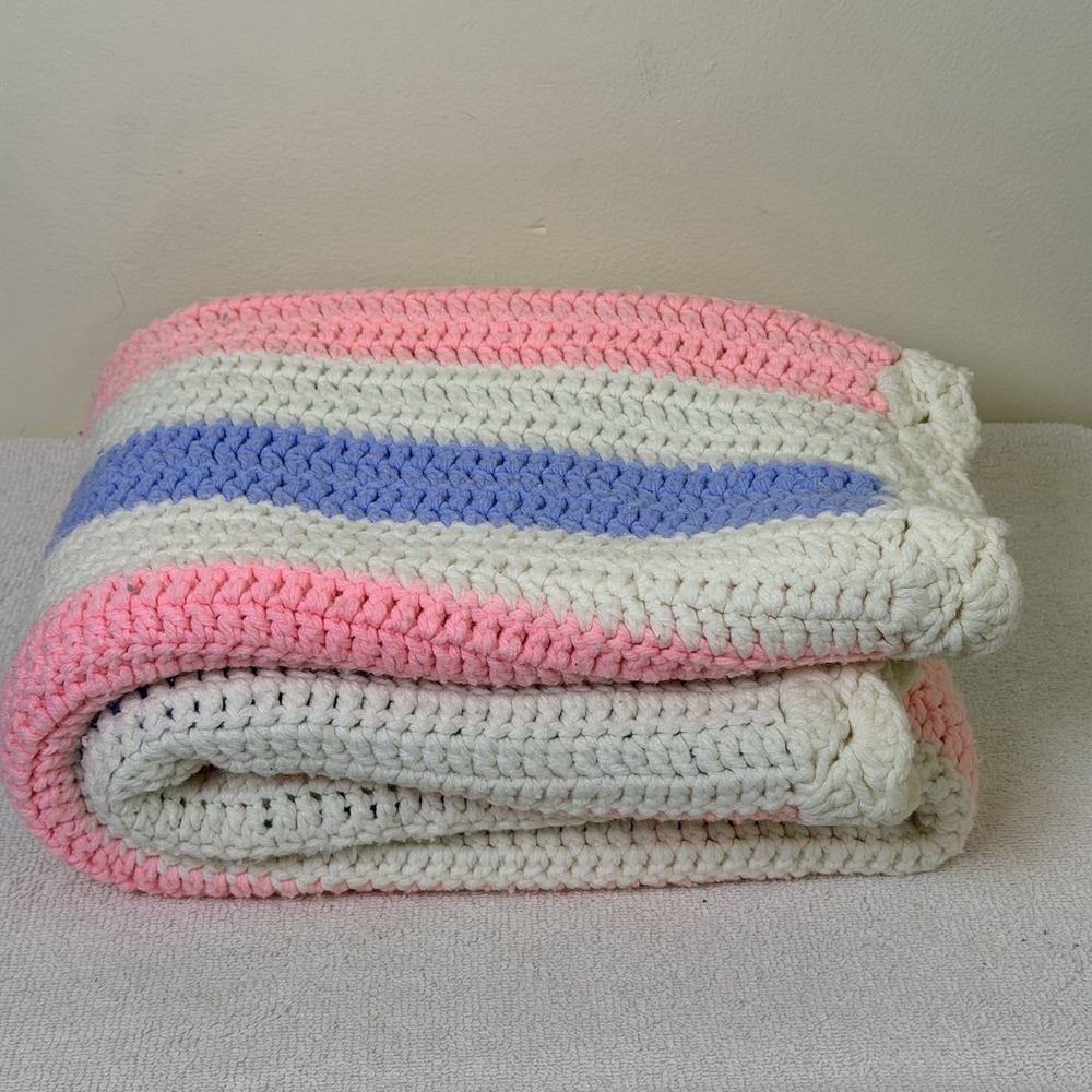 Handmade Blue White Pink Crochet Baby Blanket Afghan 38"x 48" Nursery Decor